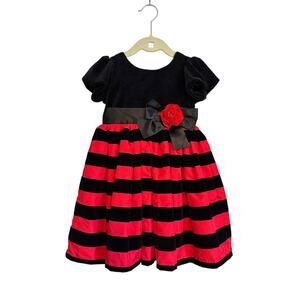 Little Me Holiday Red Black Striped Ruffled Skirt Velvet Upper Satin Bows 2T